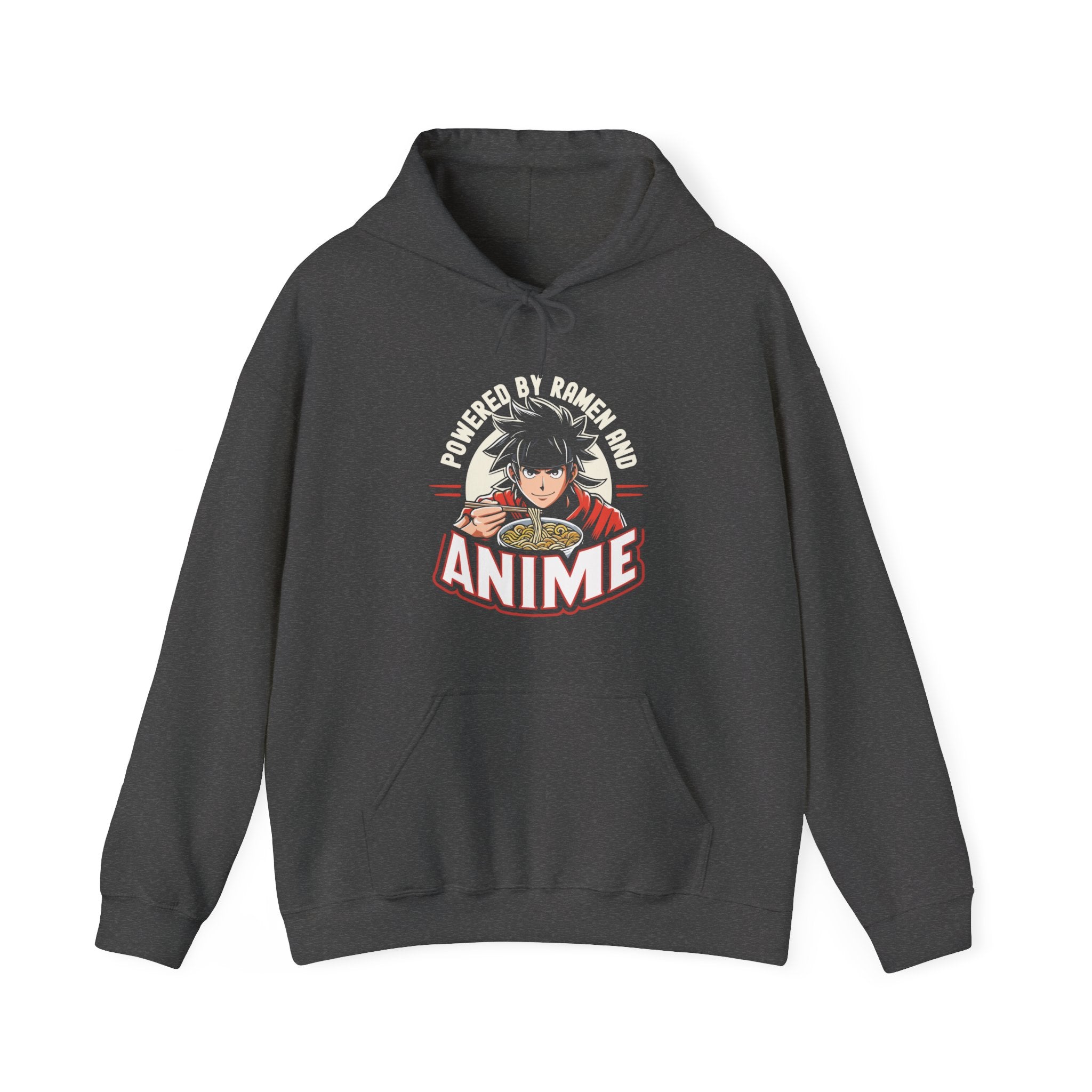 Unisex Powered by Ramen and Anime Hoodie Dark Heather S 