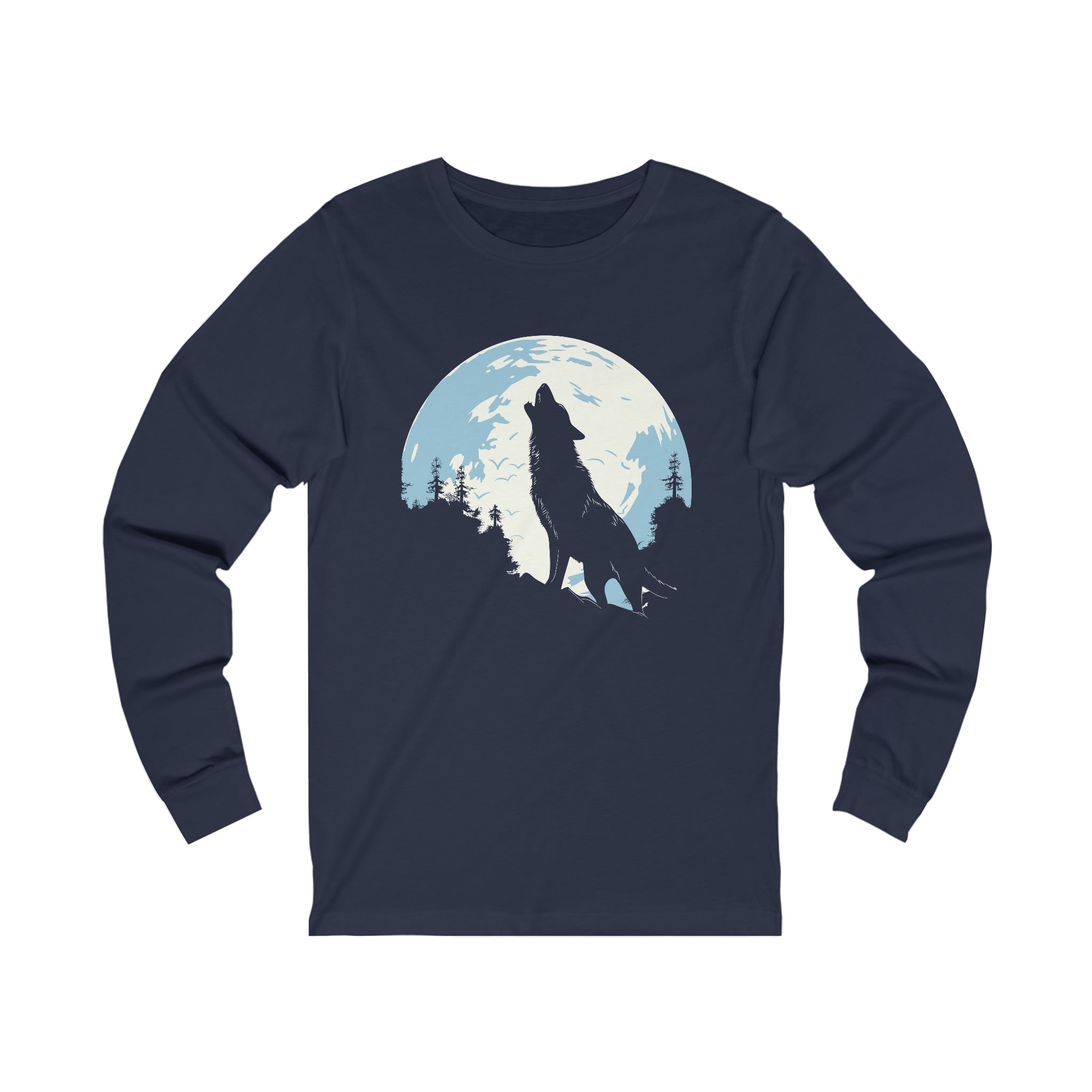 Unisex Howling Wolf Long Sleeve T Shirt S Navy 