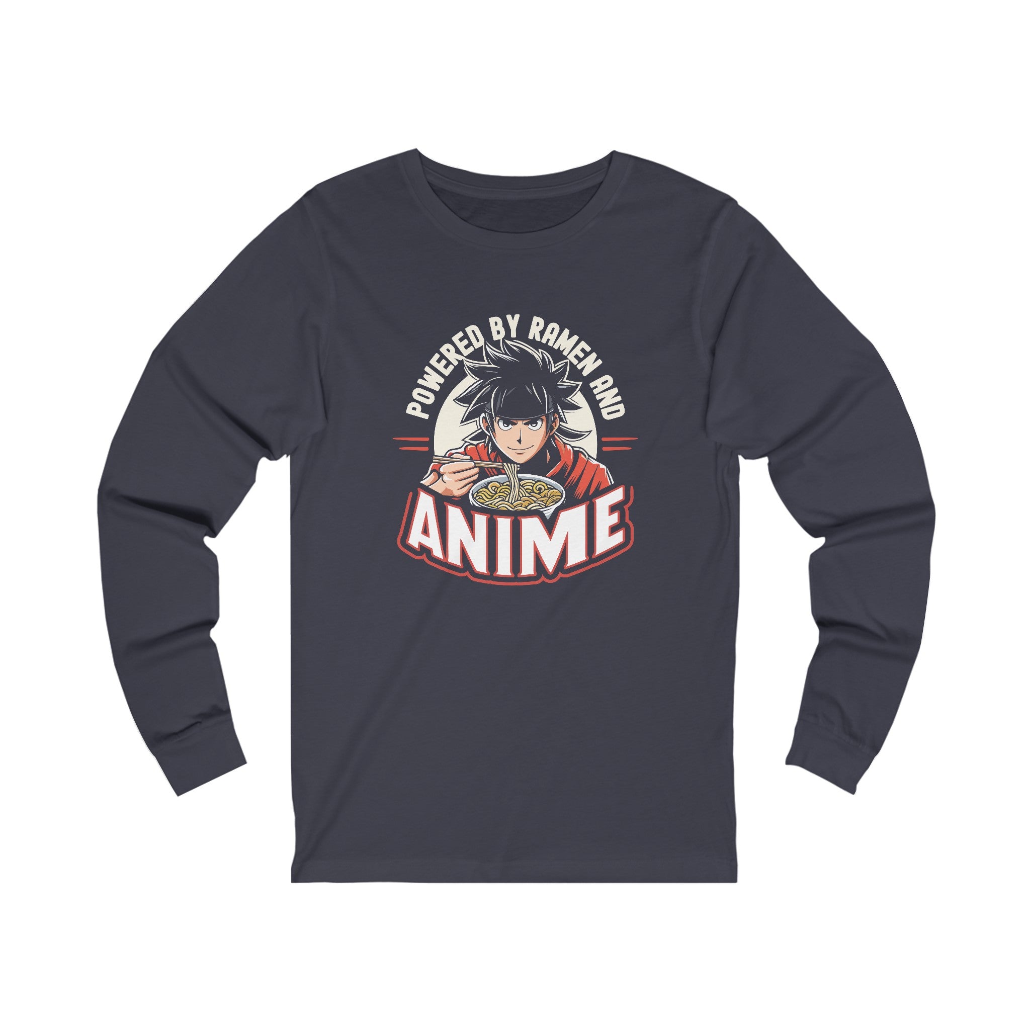 Unisex Powered by Ramen and Anime Long Sleeve T Shirt S Heather Navy 