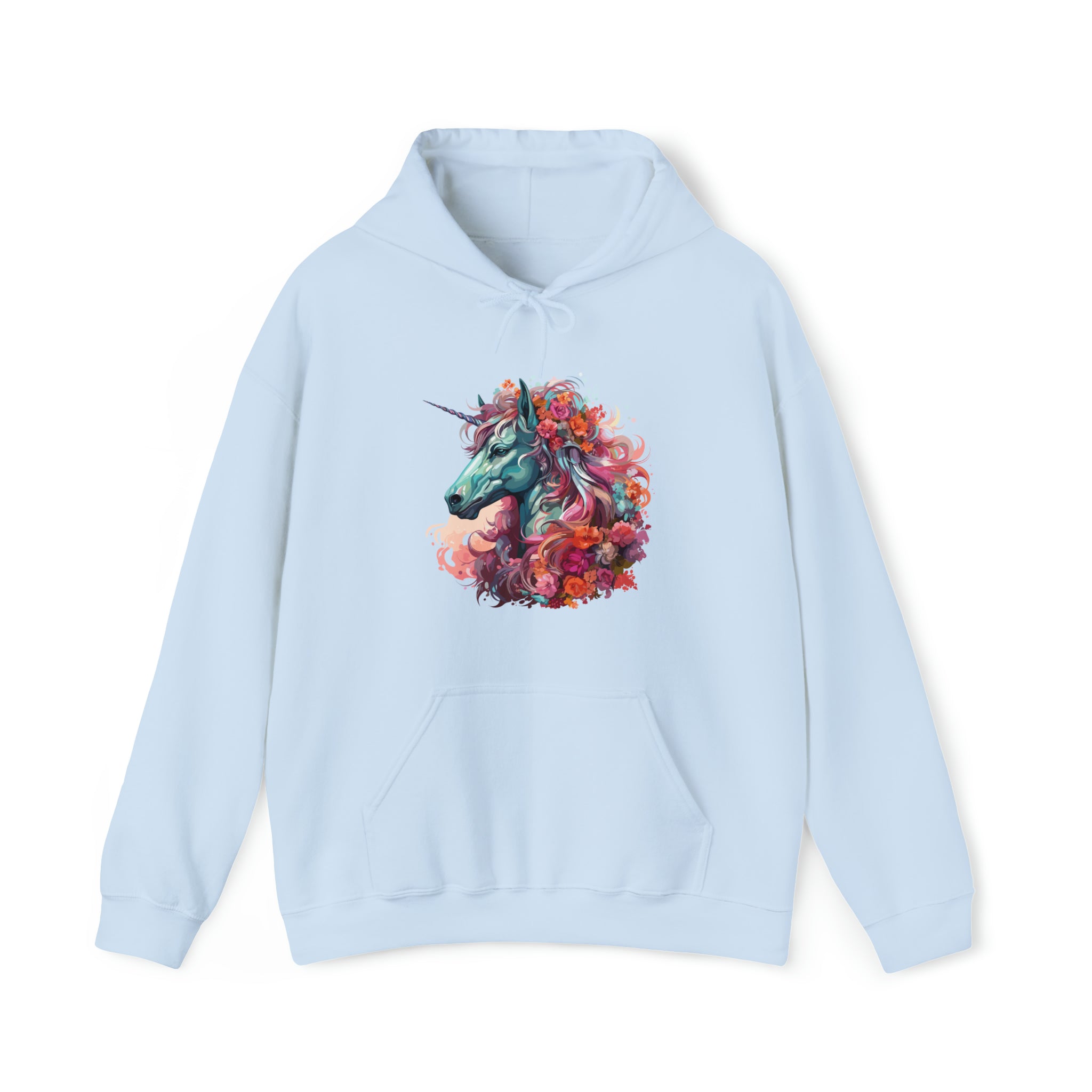 Unisex Unicorn Flowers Hoodie Light Blue S 