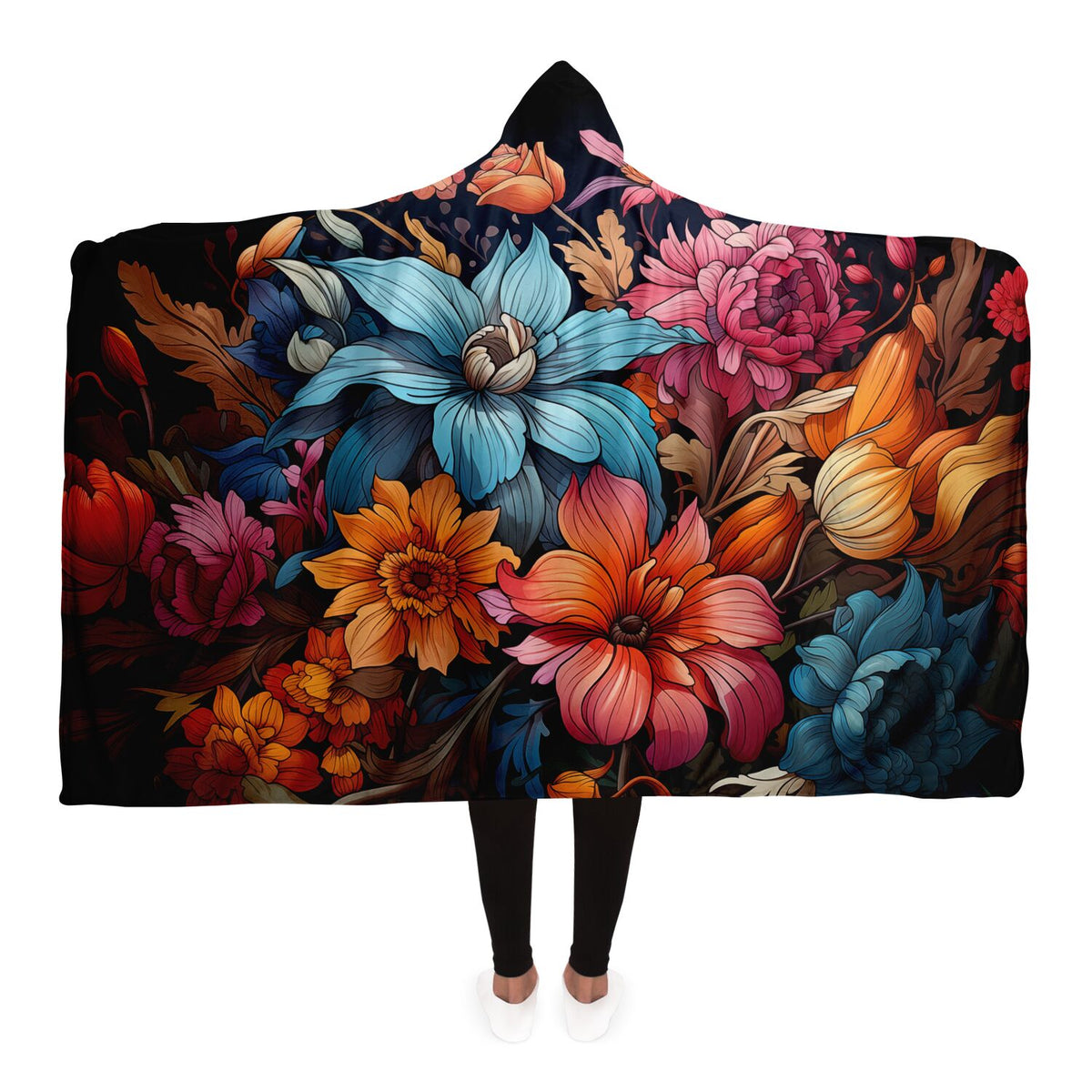 Colorful Flowers Hooded Blanket Large Premium Sherpa 