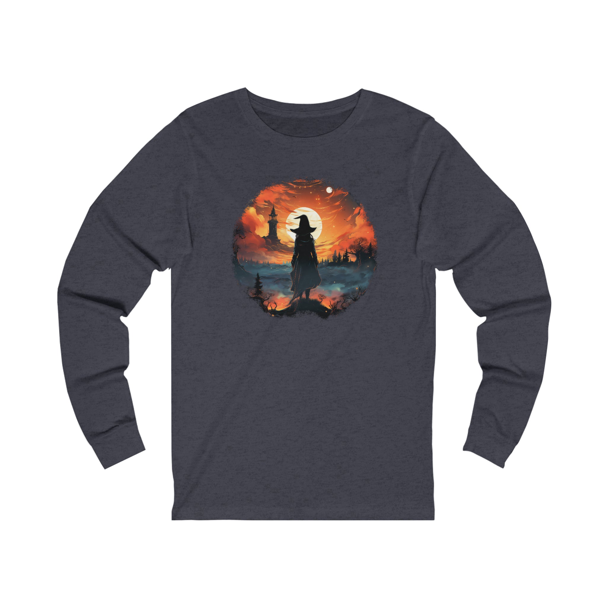 Unisex Witch Silhouette Long Sleeve T Shirt S Heather Navy 