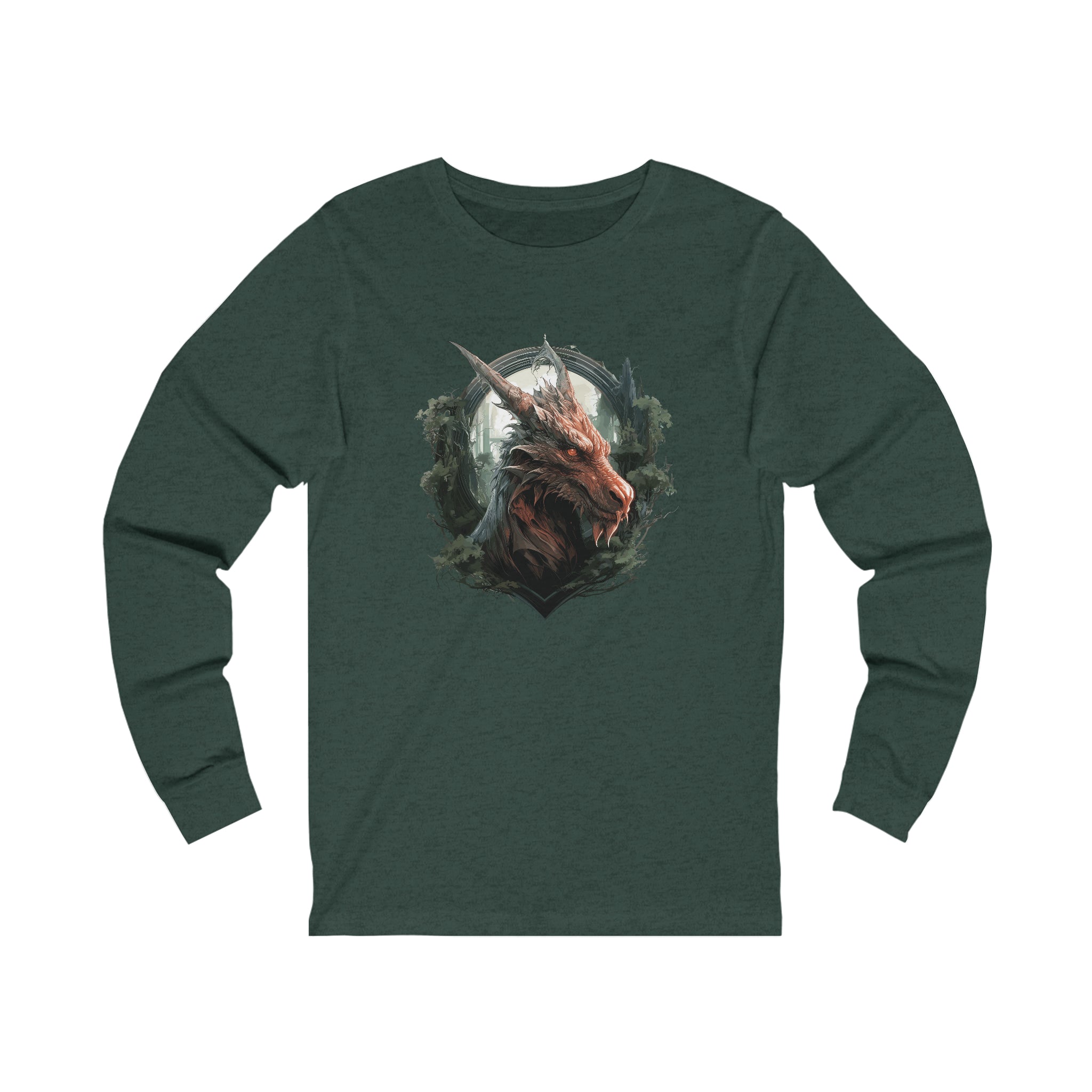 Unisex Dragon Face Long Sleeve T Shirt S Heather Forest 