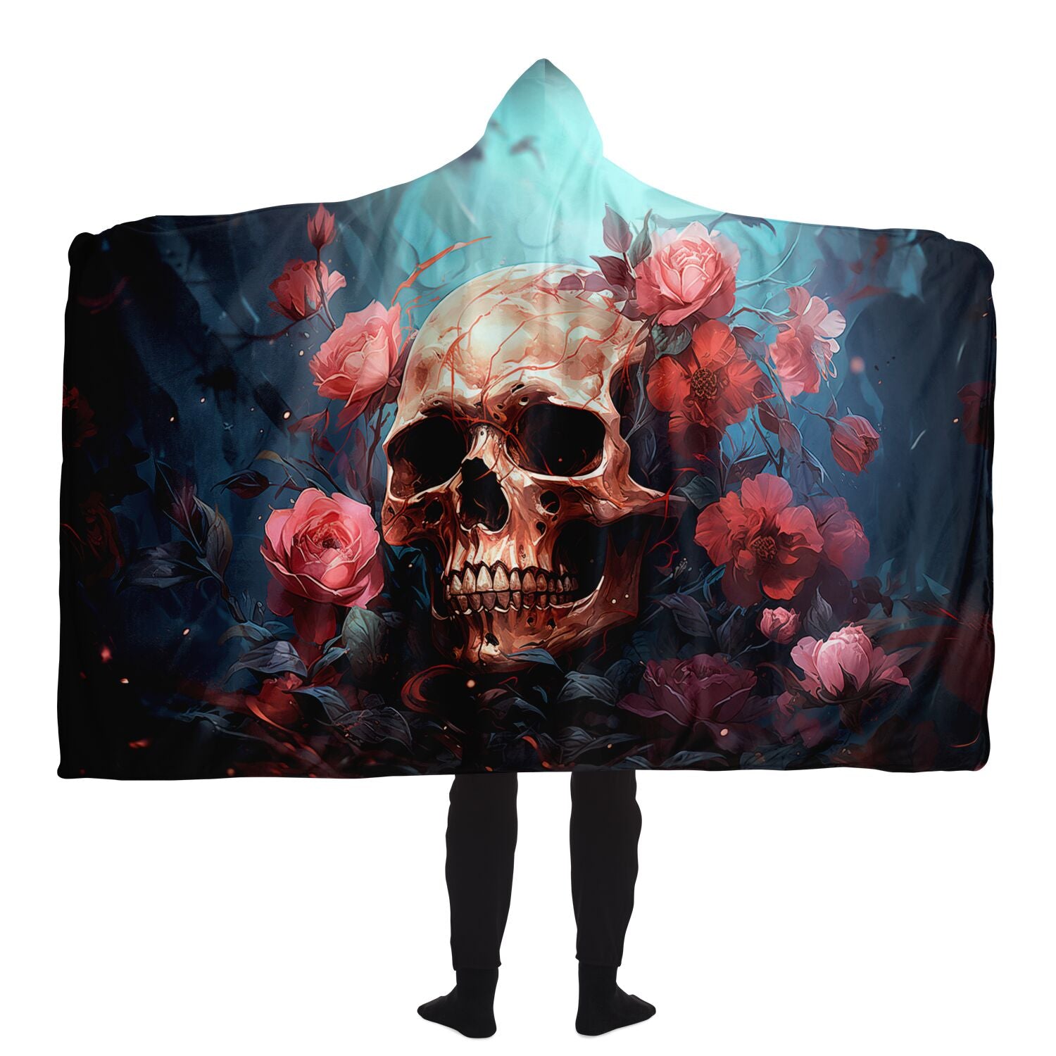 Skull & Roses Hooded Blanket Large Premium Sherpa 